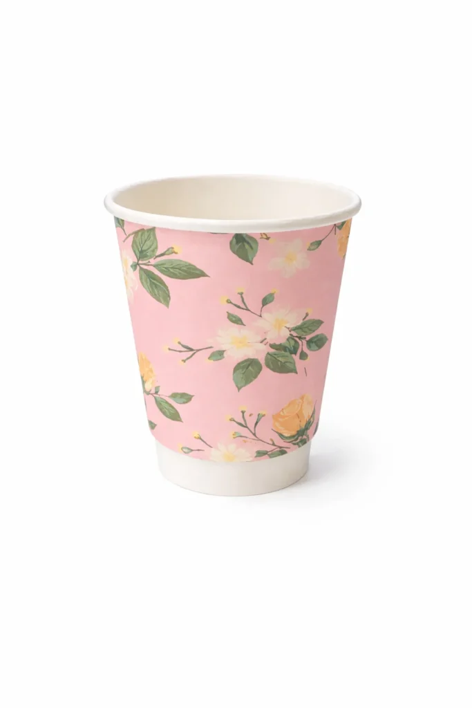 Planetware 8oz Spring Floral cup with pink background, flowers and green leaves