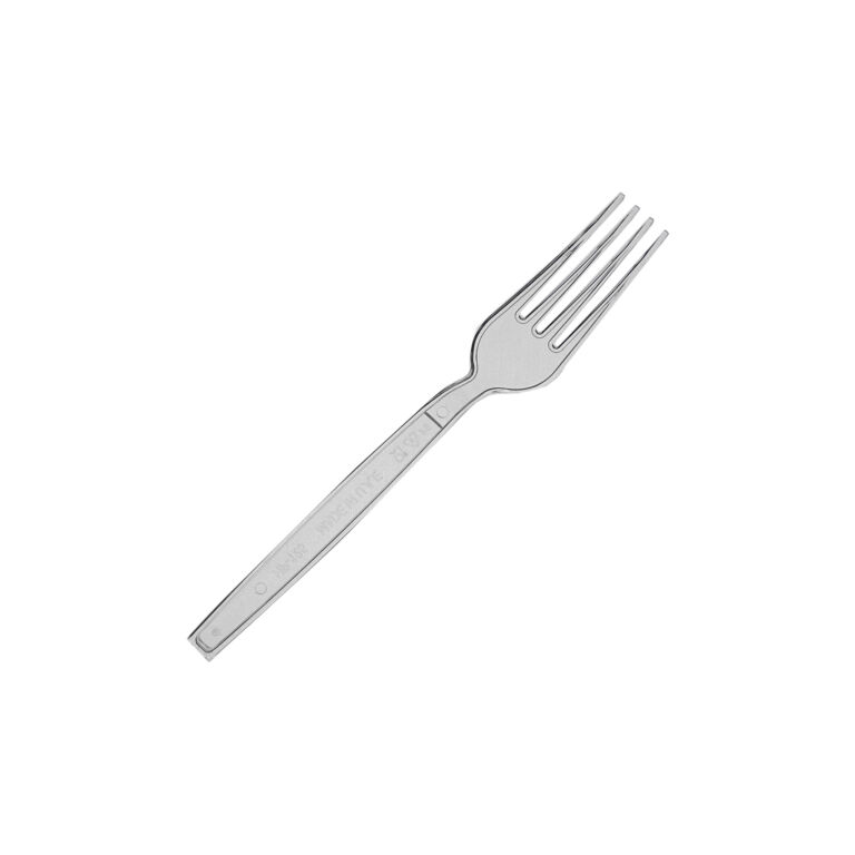 Clear reusable plastic fork on a white background