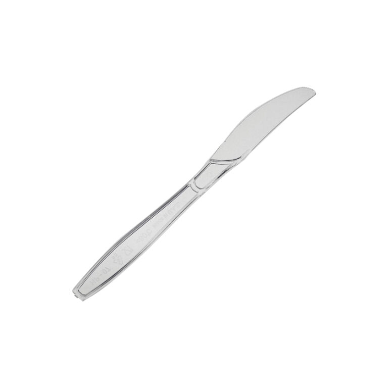 Clear reusable plastic knife with a serrated blade, shown diagonally on a white background