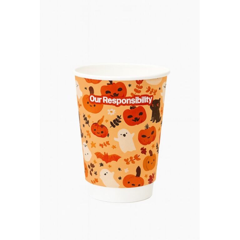 Planetware 8oz Halloween double wall cup with orange pumpkin, ghost, cat and bat artwork
