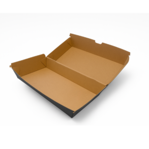Open black kraft burger and chip box showing the base and attached hinged lid