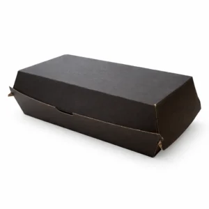 Black hinged burger and chip takeaway box on a white background