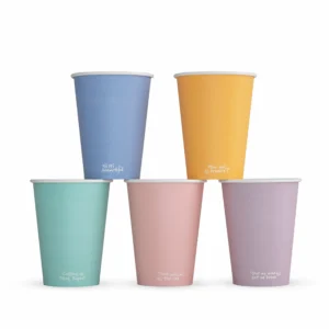 Five pastel-coloured takeaway hot cups in blue, yellow, teal, pink and lilac, each with a feel-good message.