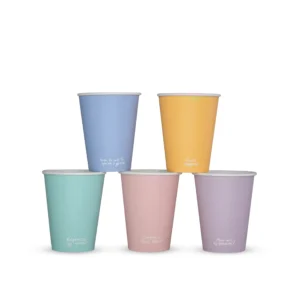 Five pastel takeaway hot cups in blue, yellow, teal, pink and purple, arranged in two rows.