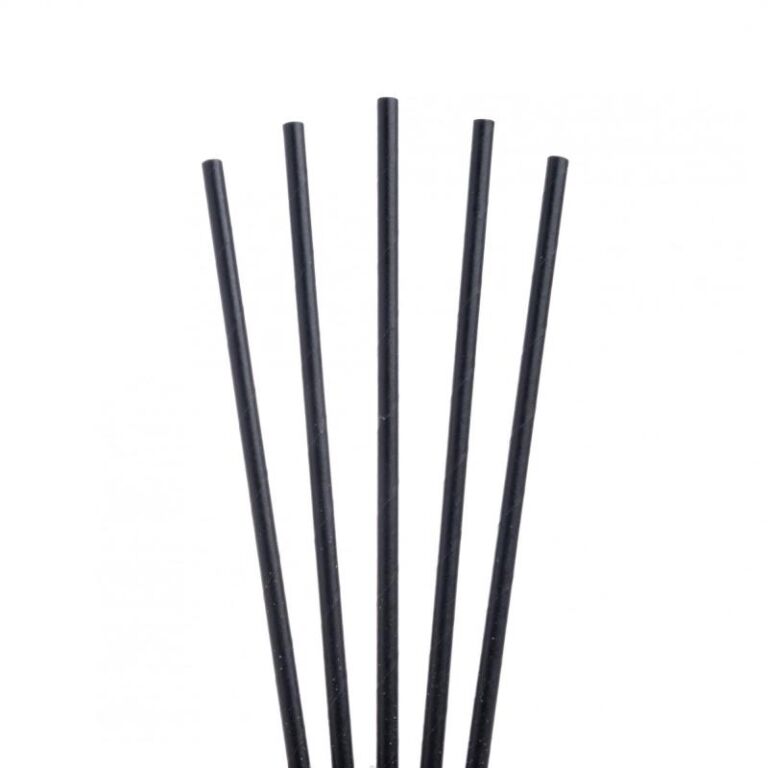 Five black paper straws arranged upright against a white background
