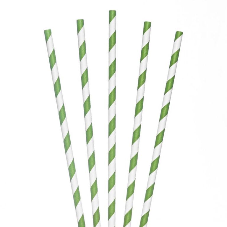 Green and white striped paper straws, 6mm diameter and 200mm long