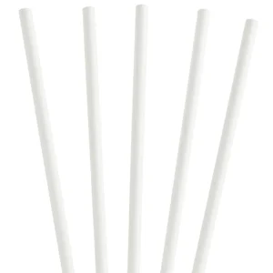 Five white paper straws arranged upright at slightly different angles against a white background.