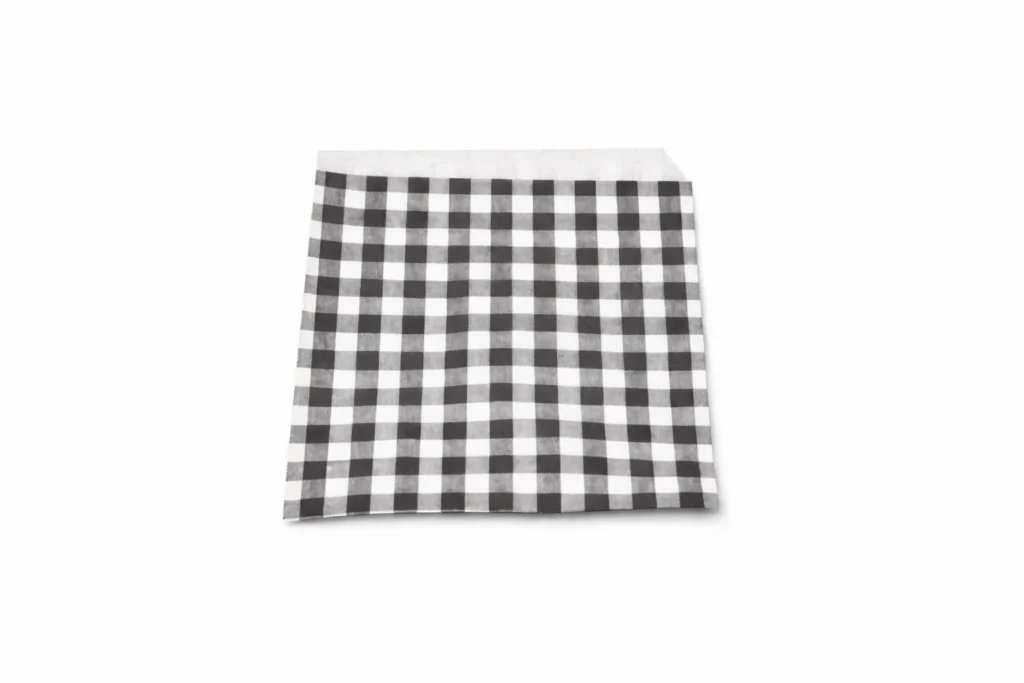 Empty black gingham open-sided bag, 170 x 160mm, on white