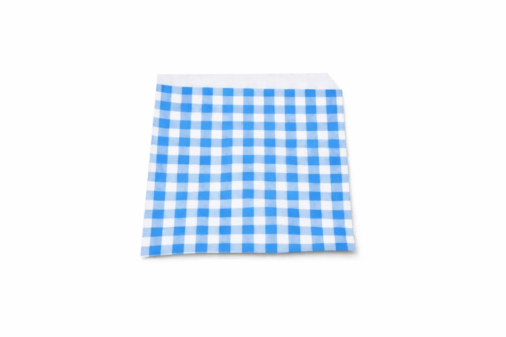 Blue gingham open-sided bag in the listed 170 x 160mm size, shown empty on a white background