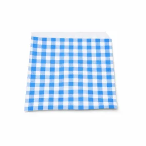 Blue gingham open-sided bag in the listed 170 x 160mm size, shown empty on a white background