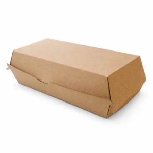 Closed kraft cardboard burger and chip box with a hinged clamshell design