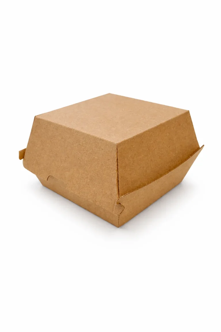 Kraft burger box with a closed clamshell design and natural brown paperboard finish