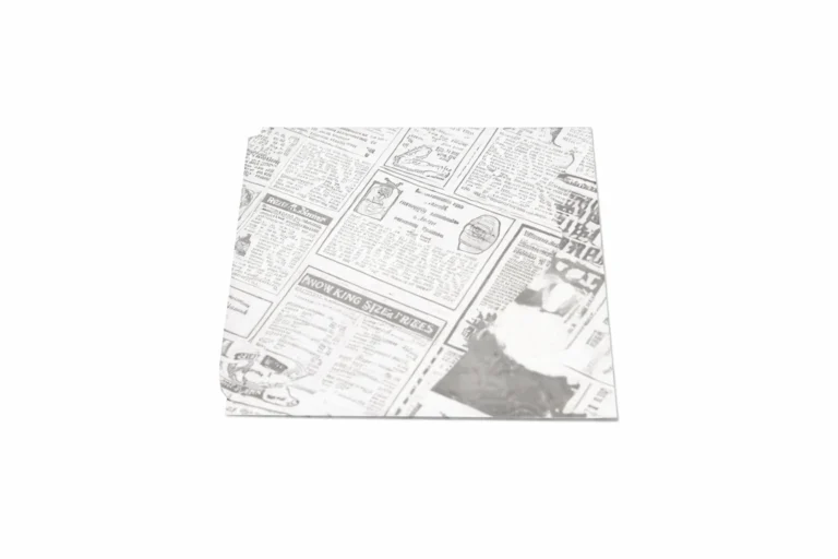 Empty newspaper print open-sided bag, 170 x 160mm, on white