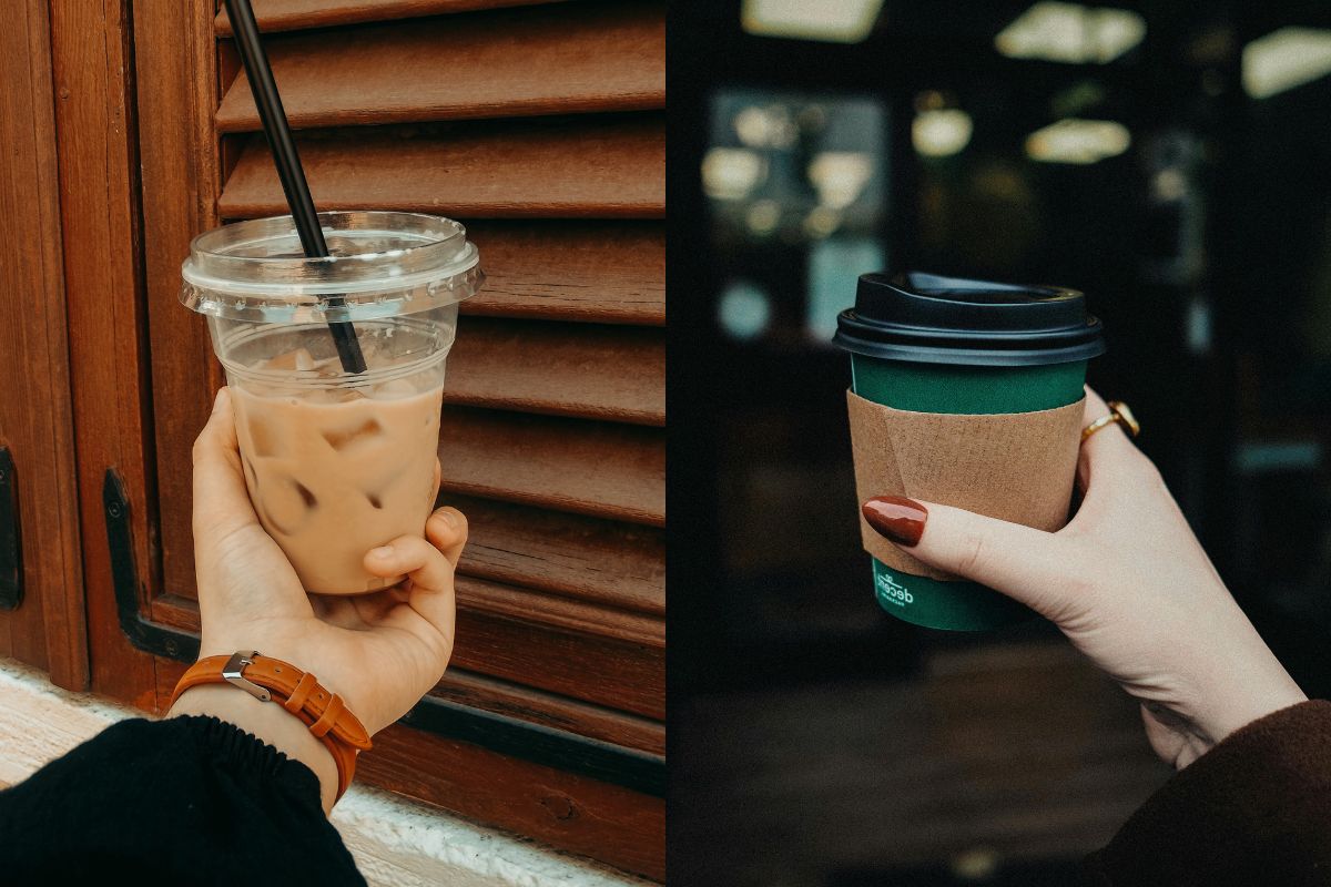 Iced coffee and regular coffee contained in their respective takeaway cups