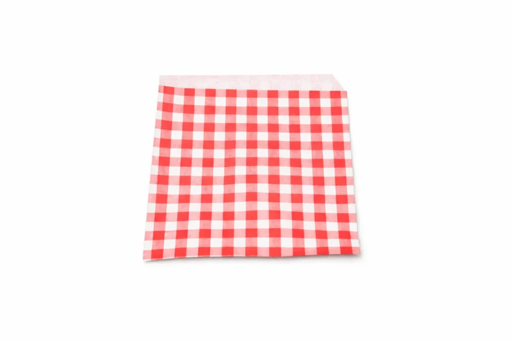 Empty red gingham open-sided bag, 170 x 160mm, on white