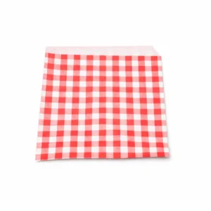 Empty red gingham open-sided bag, 170 x 160mm, on white