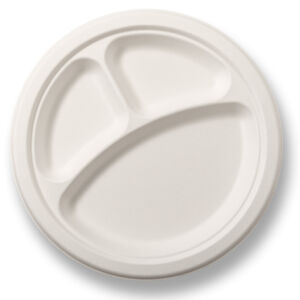 10″ Round 3-Compartment Bagasse Plate – Compostable & Recyclable