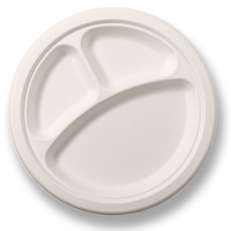 White round bagasse plate with three separate compartments