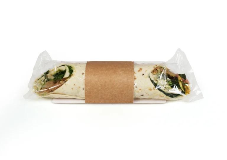 Long tortilla bag with kraft board and clear film displaying a wrap