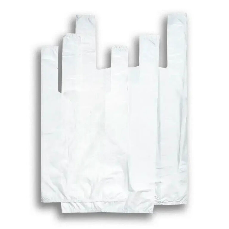 White plastic carrier bags with vest-style handles, shown as a range on a white background