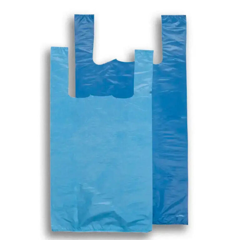 Blue plastic carrier bags with vest-style handles, shown overlapping on a white background