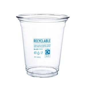 Eco Products Vegware 13oz BlueStripe rPET Cold Cup – Recyclable Clear Cold Cup