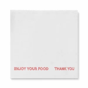 White greaseproof paper food bag with red “ENJOY YOUR FOOD – THANK YOU” text