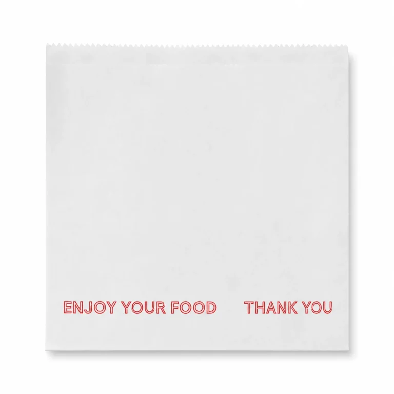 Printed white greaseproof bag with red Enjoy Your Food and Thank You text, shown empty