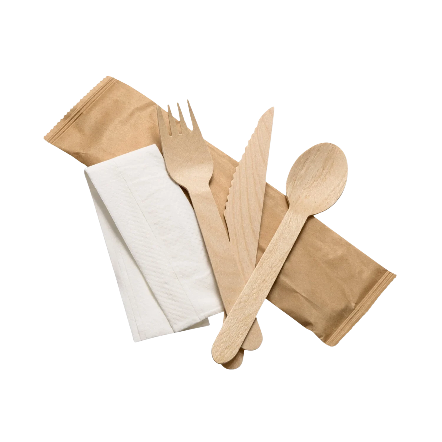 Wooden disposable fork, knife and spoon with a white napkin and brown paper pouch