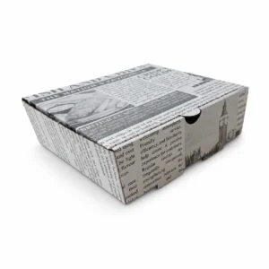 Closed rectangular fish and chip takeaway box with a vintage black-and-white newspaper print design