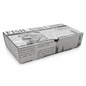 Closed rectangular fish and chip takeaway box with a black-and-white newspaper-style print design