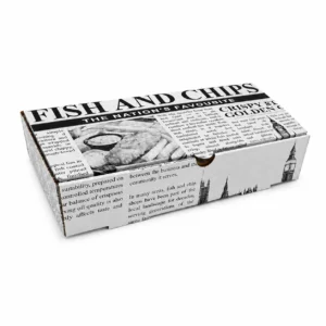 Closed rectangular fish and chip takeaway box with black-and-white newspaper-style print