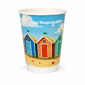 Planetware summer cup decorated with colourful beach huts, blue sky, sandy beach and “Our Responsibility” text