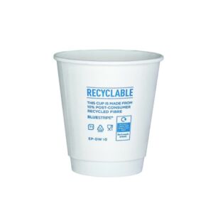 10oz Blue Print double wall white paper cup with blue print on a white background