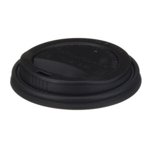 12-16oz Black CPLA Hot Cup Lid with sip-through opening, shown at an angle