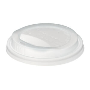 12-16oz White CPLA Hot Cup Lid with sip-through opening, shown at an angle