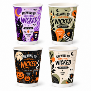 12oz Halloween cups for 2026 in four designs on a white background, shown without lids