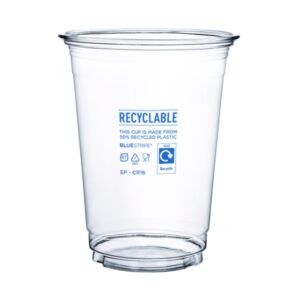 16oz Clear rPET Cold Cup with a 95mm rim and blue recycling print