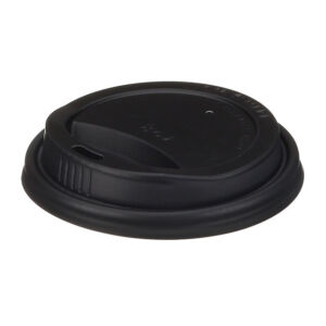 8oz Black CPLA Hot Cup Lid with sip-through opening, shown at an angle
