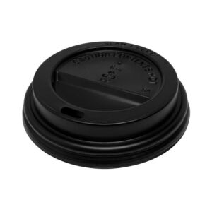 8oz Black PP Hot Cup Lid with sip-through opening, shown at an angle