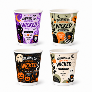 8oz Halloween cups for 2026 showing the purple cat, sage skeleton, black pumpkin and cream ghost designs without lids