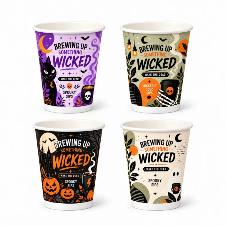 8oz Halloween cups for 2026 showing the purple cat, sage skeleton, black pumpkin and cream ghost designs without lids