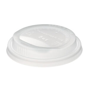 8oz White CPLA Hot Cup Lid with sip-through opening, shown at an angle