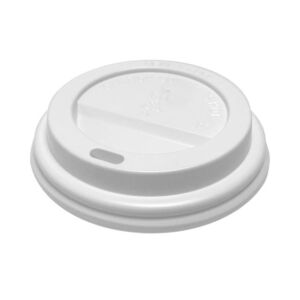 8oz White PP Hot Cup Lid with sip-through opening, shown at an angle