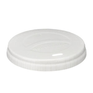 8oz White Paper Hot Cup Lid with sip-through opening, shown at an angle