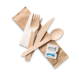 Birchwood knife, fork and dessert spoon kit with salt, pepper and napkin
