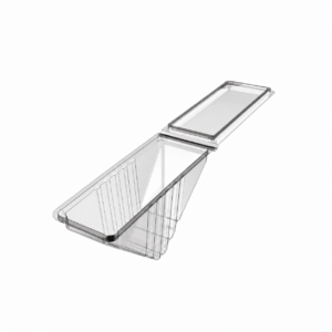 Clear sandwich wedge with its hinged lid open, shown fully on a white background