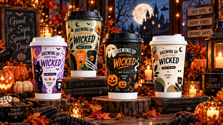 Concept image of the four 2026 Halloween cup designs in a seasonal setting; lids shown for illustration