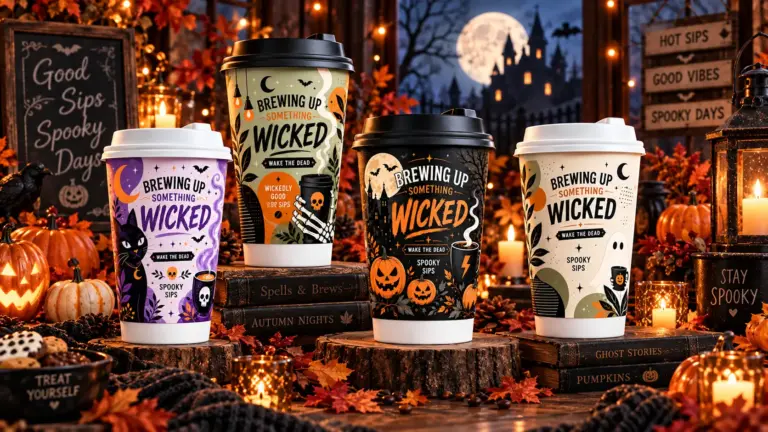 Concept image of the four 2026 Halloween cup designs in a seasonal setting; lids shown for illustration