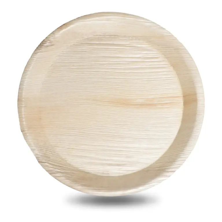 10-inch round palm leaf plate shown empty